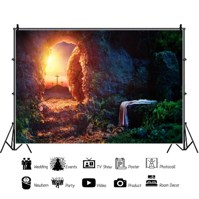 Leowefowa 9x6ft Resurrection of Jesus Backdrop Easter Sunrise Holy Light Empty Tomb Remote Peak Three Crosses Background for Photo Bible Story Church Mural Sanctuary Decor Christianity Wallpeper - Image 4